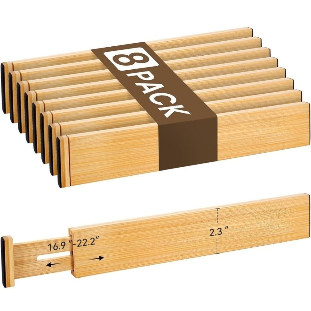 Bamboo Drawer Divider - Set of 8 - Adjustable Spring-Loaded (16.9"-22.2") 2.3"